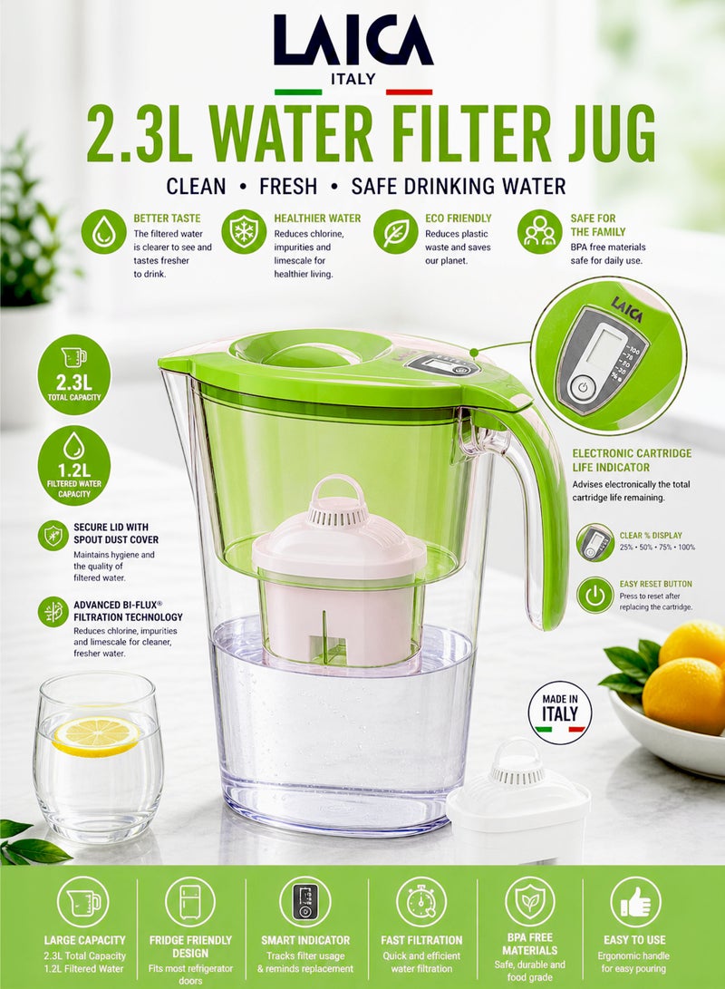 LAICA 2.3L Water Filter Jug Green BPA Free Filter Pitcher with Bi Flux Cartridge Chlorine Removal Limescale Reduction Odor Improvement Fast Filtration Fridge Friendly Design Reusable Eco Friendly Drinking Water Purifier for Home Kitchen Family Use - Image 1