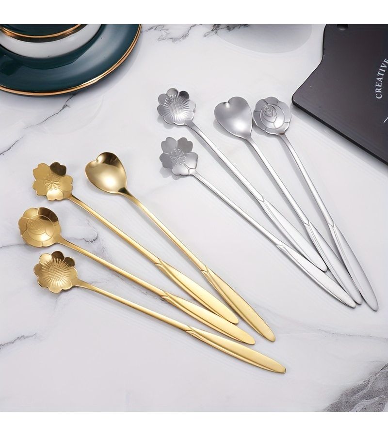 Golden Long Handle Set Of 4 Floral Tea Spoons Stainless Steel Coffee Ice Cream Spoons - Image 2