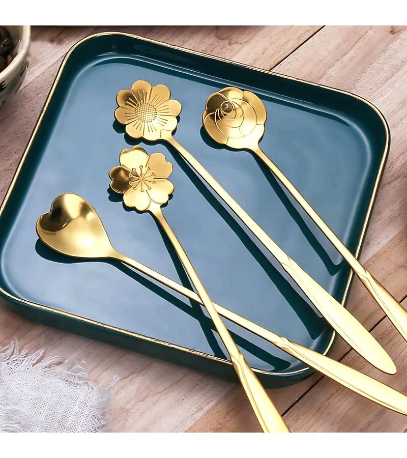 Golden Long Handle Set Of 4 Floral Tea Spoons Stainless Steel Coffee Ice Cream Spoons - Image 1