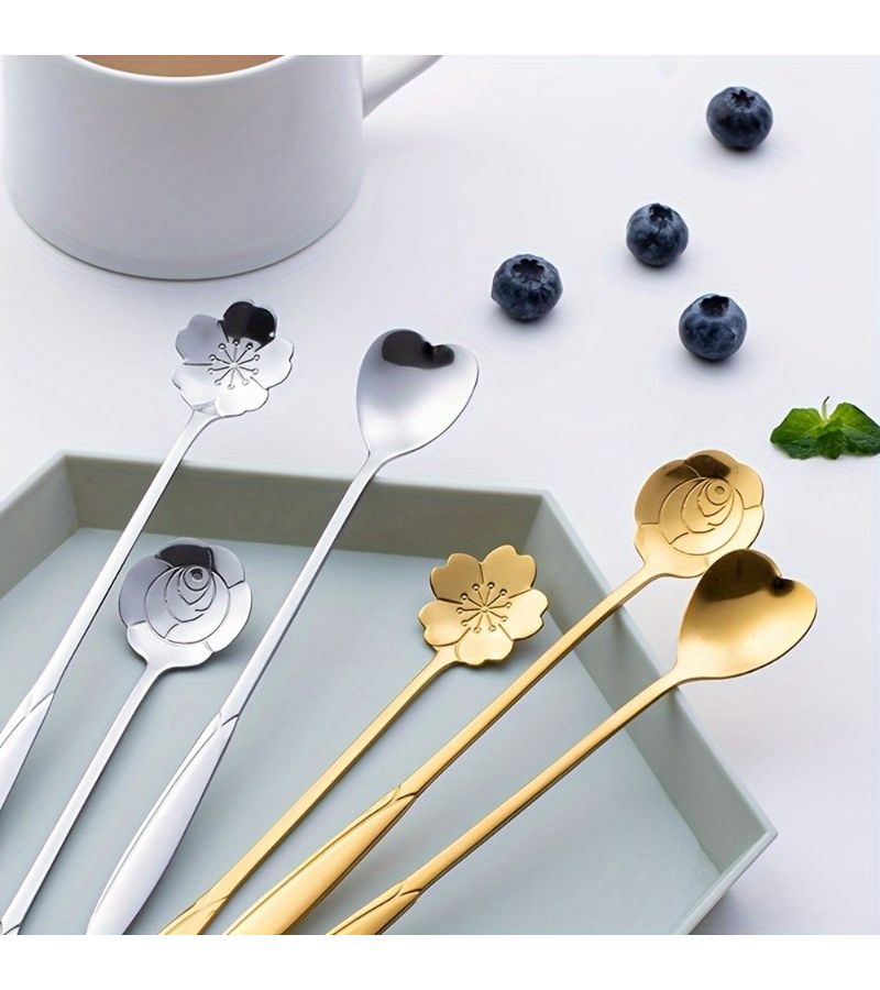 Golden Long Handle Set Of 4 Floral Tea Spoons Stainless Steel Coffee Ice Cream Spoons - Image 5