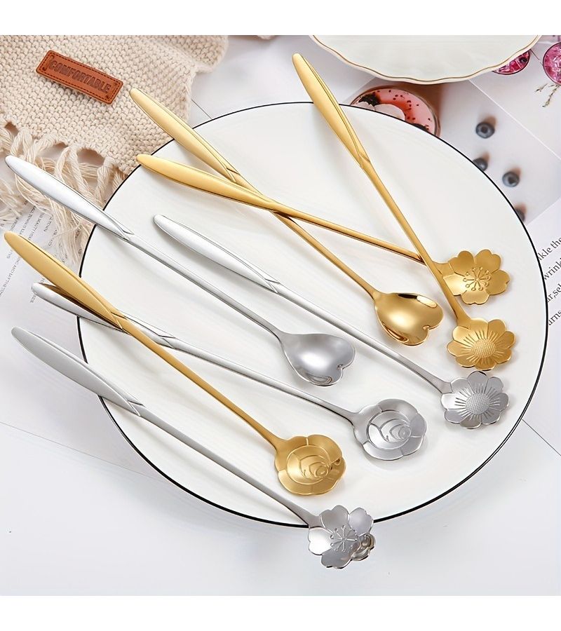 Golden Long Handle Set Of 4 Floral Tea Spoons Stainless Steel Coffee Ice Cream Spoons - Image 4