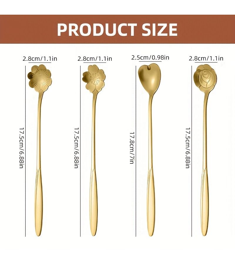 Golden Long Handle Set Of 4 Floral Tea Spoons Stainless Steel Coffee Ice Cream Spoons - Image 3