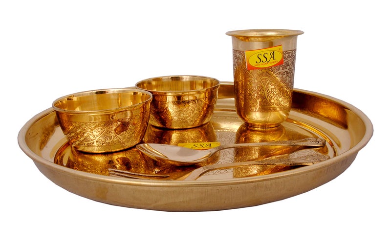 Shiv Shakti Arts® Pure Brass Dinner Thali Set Serving Food, Tableware - Dinnerware (Eatching Flower Design, 6 Peices) - Gold - Image 2
