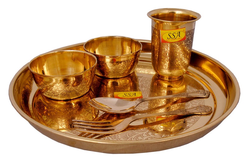 Shiv Shakti Arts® Pure Brass Dinner Thali Set Serving Food, Tableware - Dinnerware (Eatching Flower Design, 6 Peices) - Gold - Image 1