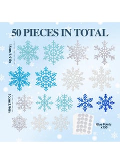 OuMuaMua Winter Snowflake Cutouts Glitter Paper Snowflake Decorations - 50Pcs Blue and Silver Snowflake Double-Side Christmas Cutouts for Holiday Winter Wonderland Bulletin Board, Frozen Party Decor  - Image 4