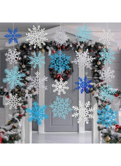 OuMuaMua Winter Snowflake Cutouts Glitter Paper Snowflake Decorations - 50Pcs Blue and Silver Snowflake Double-Side Christmas Cutouts for Holiday Winter Wonderland Bulletin Board, Frozen Party Decor  - Image 3