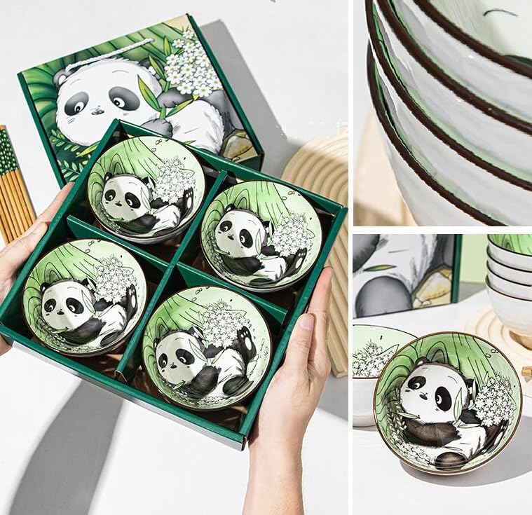 EatingBiting 4pcs Bowls  4 Pairs of Chopsticks Panda Porcelain Rice Soup Salad Bowls Ceramic Bowls Rice Bowl Cereal for Kitchen Assorted Designs Microwave Dishwasher Safe with gift box - Image 5