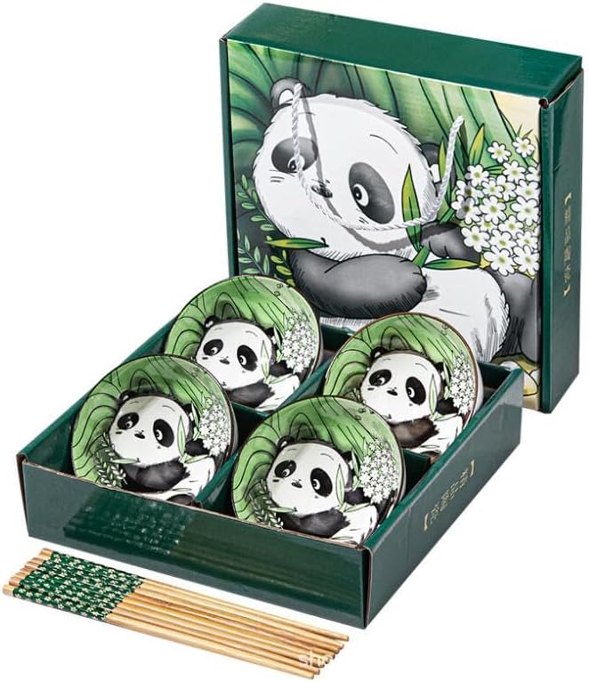 EatingBiting 4pcs Bowls  4 Pairs of Chopsticks Panda Porcelain Rice Soup Salad Bowls Ceramic Bowls Rice Bowl Cereal for Kitchen Assorted Designs Microwave Dishwasher Safe with gift box - Image 1