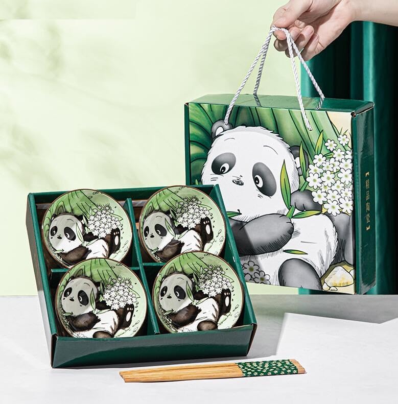 EatingBiting 4pcs Bowls  4 Pairs of Chopsticks Panda Porcelain Rice Soup Salad Bowls Ceramic Bowls Rice Bowl Cereal for Kitchen Assorted Designs Microwave Dishwasher Safe with gift box - Image 2