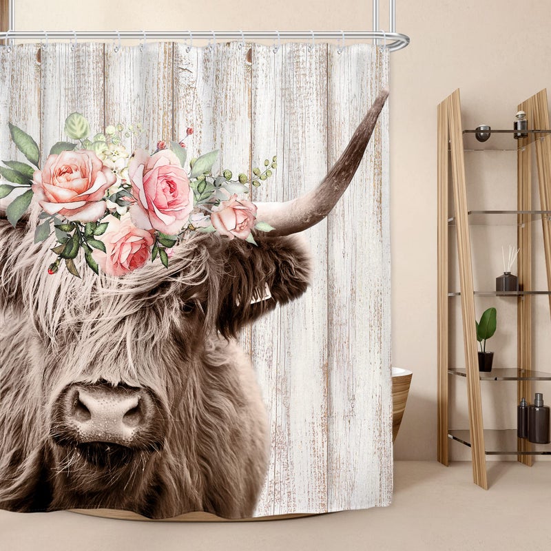 AMBZEK Highland Cow Shower Curtain 60Wx72L Inch Farmhouse Rustic Bull with Garland Country Western Wooden Plank Floral Artwork Cloth Fabric Waterproof Polyester Bathroom Decor Set with 12 Pack Hooks