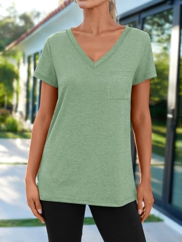 AUTOMET Womens T Shirts Short Sleeve V Neck Tops with Pockets Summer Fashion Trendy Soft Casual Comfy Outfits Clothes 2024 LightGreen L - Image 2