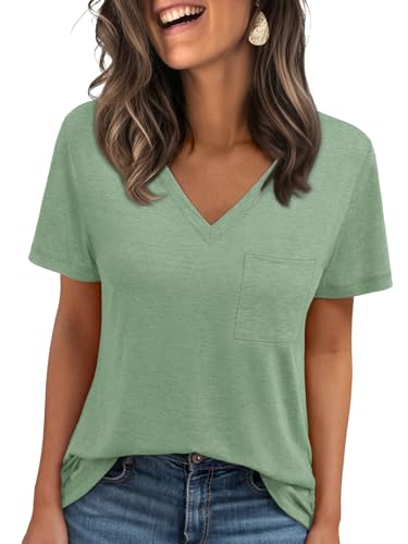 AUTOMET Womens T Shirts Short Sleeve V Neck Tops with Pockets Summer Fashion Trendy Soft Casual Comfy Outfits Clothes 2024 LightGreen L - Image 1