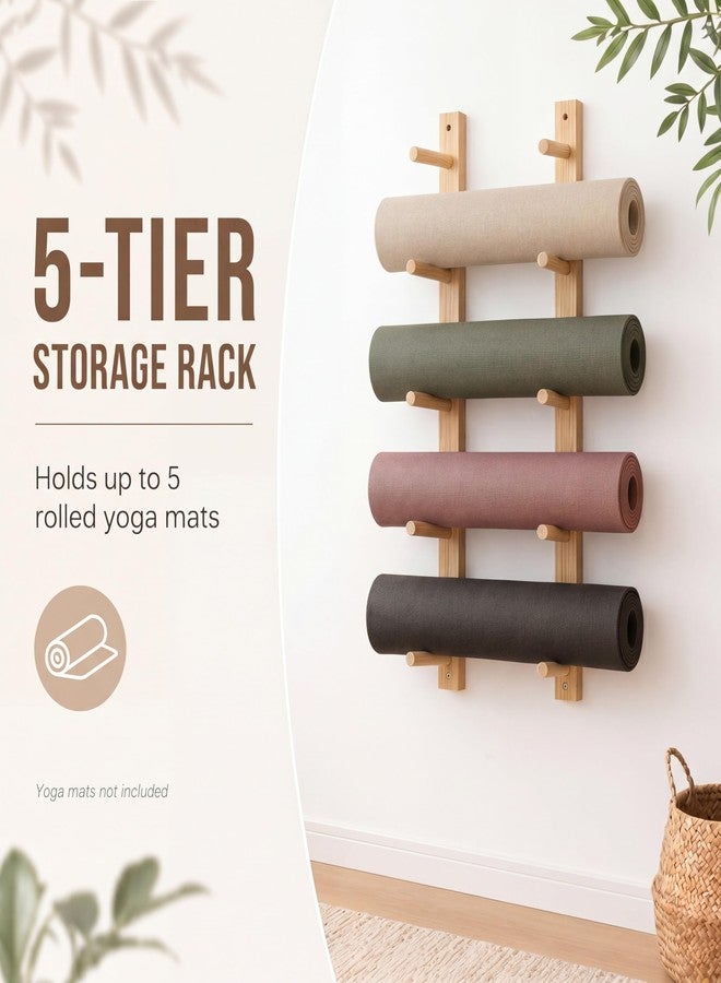 Cinnvoice 1 Pair Yoga Mat Holder Wall Mount Wooden Yoga Mat Storage Racks for Foam Roller & Fitness Accessories 5 Layer 35.4 x 7 x 2 Inches, Accommodating 5 Mats Home Gym Organize - Image 2