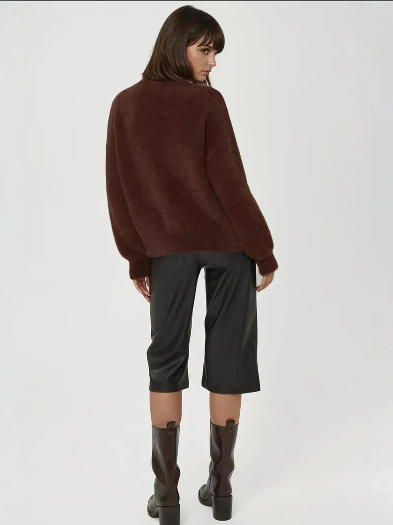 Hiccup Dark Mocha Brown Bearded Crew Neck Ultra Soft Touch Knit Sweater for Women | Best Price UAE