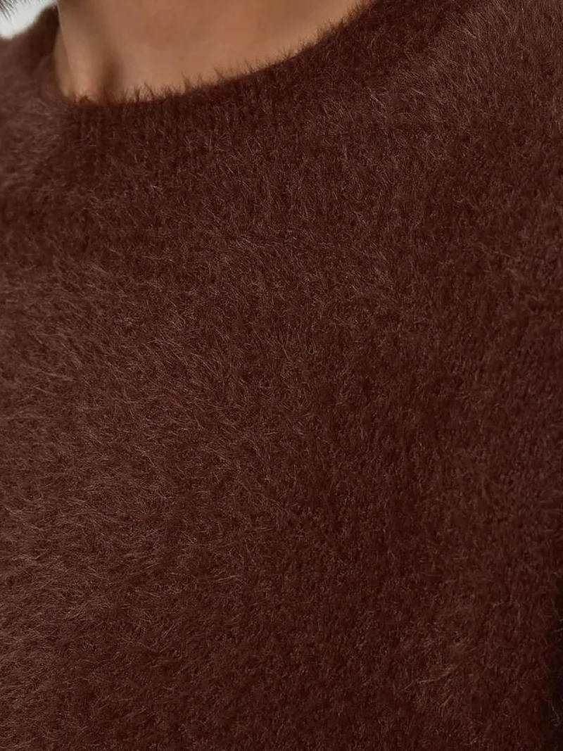 Hiccup Dark Mocha Brown Bearded Crew Neck Ultra Soft Touch Knit Sweater for Women | Best Price UAE