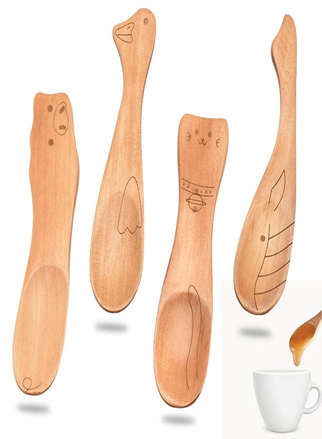 Ouliget Wooden Jam Spoons,Mini Wood Spoon with Cute Cartoon Handles,Bamboo Spoons for Honey Lotion Tea & Spices,Reusable Stirring Spoon for Eating,4 Pieces - Image 1