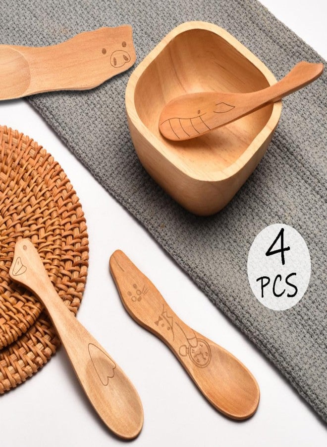 Ouliget Wooden Jam Spoons,Mini Wood Spoon with Cute Cartoon Handles,Bamboo Spoons for Honey Lotion Tea & Spices,Reusable Stirring Spoon for Eating,4 Pieces - Image 3