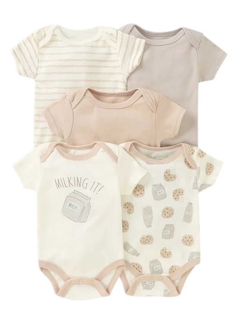 بامبيميسي Baby Cotton Amelia Beige Short Sleeve Bodysuit Set – 5 Pack Newborn Essentials