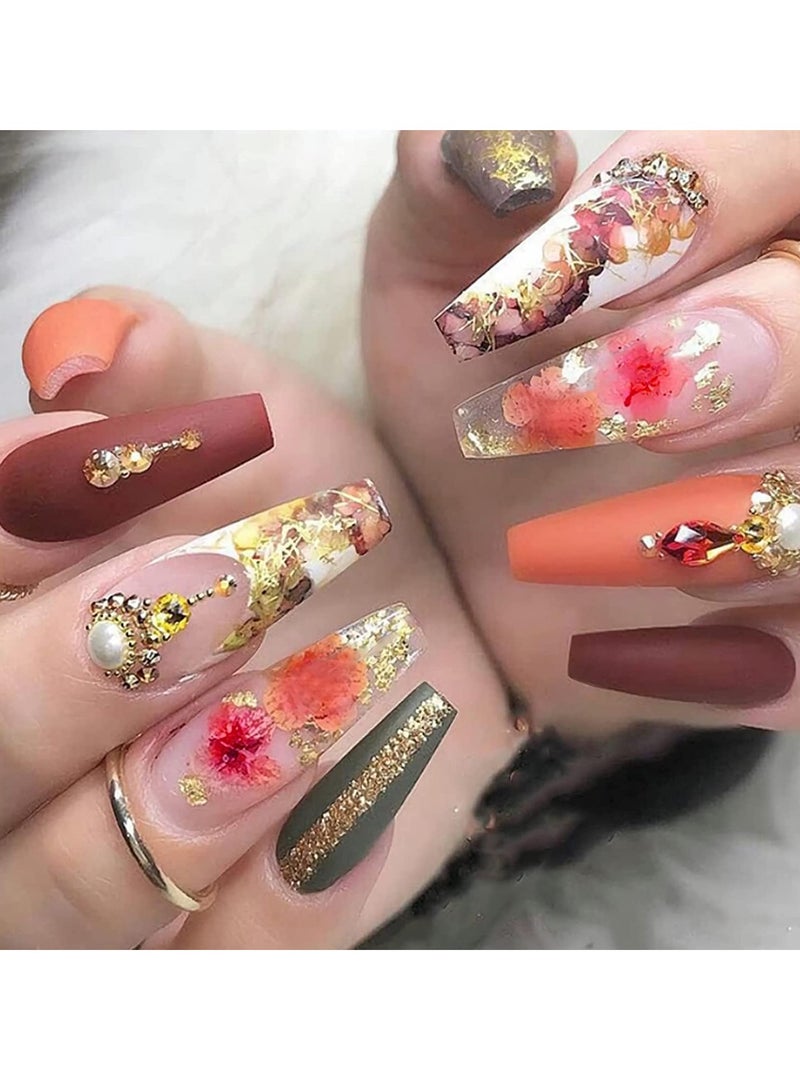 SYOSI 24 Pcs Fall Press on Nails Long, Glossy Acrylic Glue on Nails for Women, Gold Glitter Coffin Nails, Long Fake Nails with Fall Leaf Flower Rhinestone Designs - Image 1