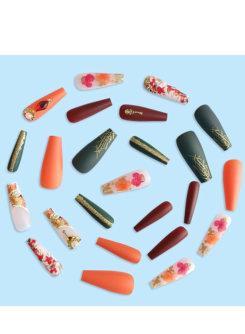 SYOSI 24 Pcs Fall Press on Nails Long, Glossy Acrylic Glue on Nails for Women, Gold Glitter Coffin Nails, Long Fake Nails with Fall Leaf Flower Rhinestone Designs - Image 4