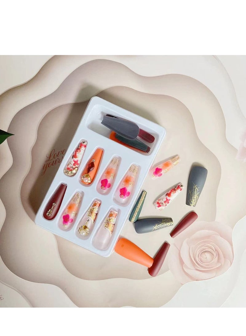 SYOSI 24 Pcs Fall Press on Nails Long, Glossy Acrylic Glue on Nails for Women, Gold Glitter Coffin Nails, Long Fake Nails with Fall Leaf Flower Rhinestone Designs - Image 3