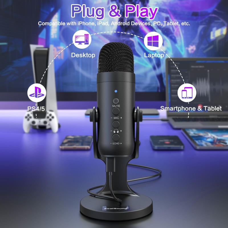 ZealSound ميكروفون USB من ZealSound، ميكروفون كمبيوتر مكثف، ميكروفونات ألعاب قابلة للتوصيل والتشغيل لـ PS 4 و5. مخرج سماعة التحكم في الصوت، التحكم في مستوى الميكروفون، زر كتم الصوت، بودكاست يوتيوب على ماك وويندوز (أسود) - Image 2