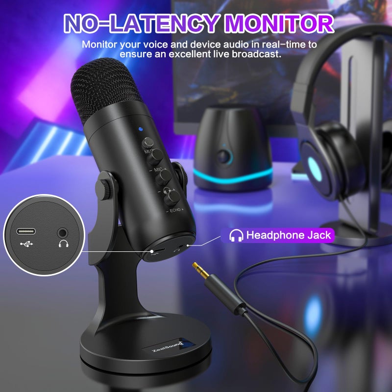 ZealSound ميكروفون USB من ZealSound، ميكروفون كمبيوتر مكثف، ميكروفونات ألعاب قابلة للتوصيل والتشغيل لـ PS 4 و5. مخرج سماعة التحكم في الصوت، التحكم في مستوى الميكروفون، زر كتم الصوت، بودكاست يوتيوب على ماك وويندوز (أسود) - Image 5