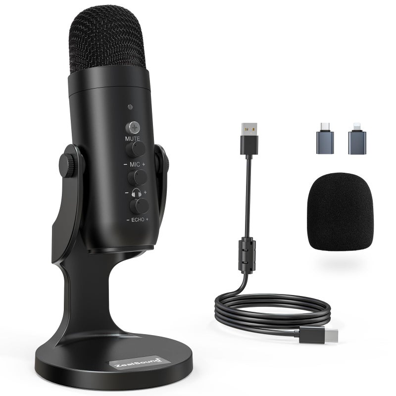 ZealSound ميكروفون USB من ZealSound، ميكروفون كمبيوتر مكثف، ميكروفونات ألعاب قابلة للتوصيل والتشغيل لـ PS 4 و5. مخرج سماعة التحكم في الصوت، التحكم في مستوى الميكروفون، زر كتم الصوت، بودكاست يوتيوب على ماك وويندوز (أسود) - Image 1