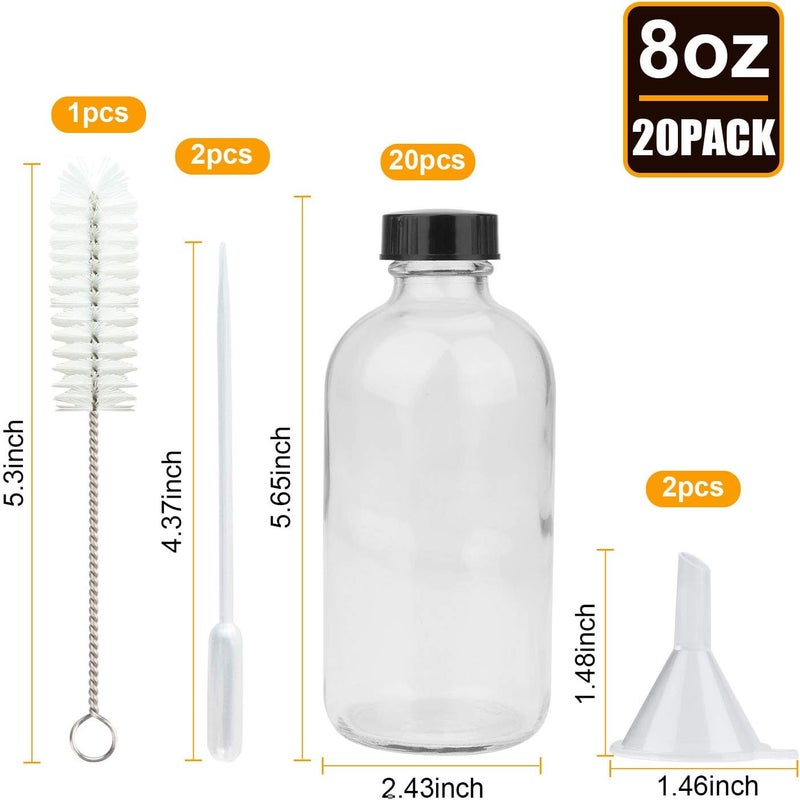 Maredash 8oz Clear Glass Bottles, 20 Pack Glass Storage Bottles with Black Lids (20 Labels, with Funnels, Droppers and Brush) - Image 2