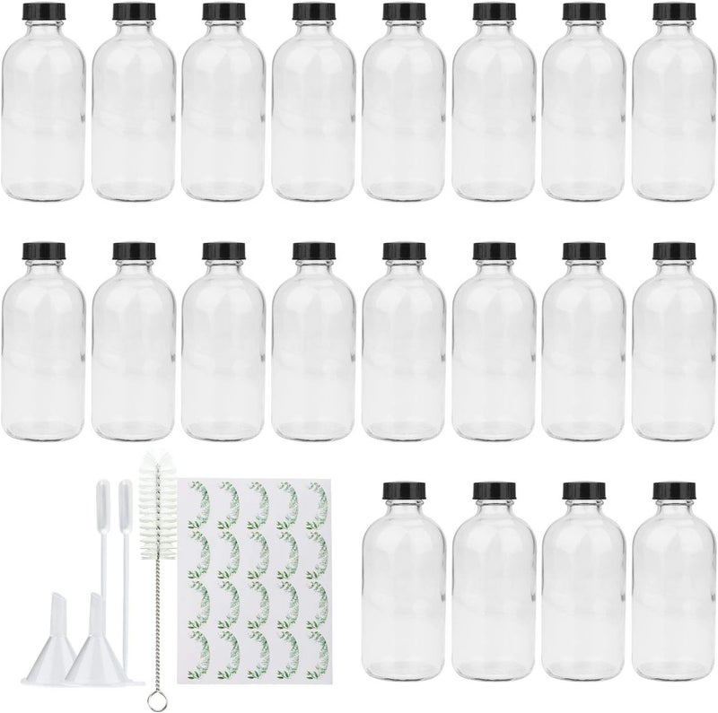 Maredash 8oz Clear Glass Bottles, 20 Pack Glass Storage Bottles with Black Lids (20 Labels, with Funnels, Droppers and Brush) - Image 1