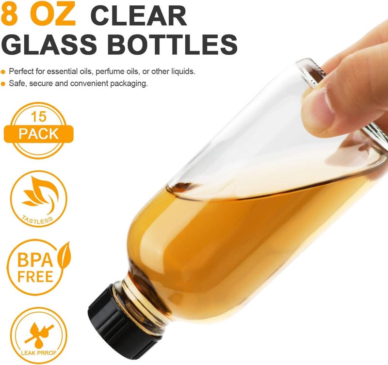 Maredash 8oz Clear Glass Bottles, 20 Pack Glass Storage Bottles with Black Lids (20 Labels, with Funnels, Droppers and Brush) - Image 4