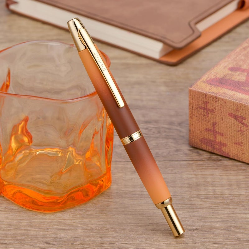 Wikult Jinhao 10 Press Fountain Pen with Box, Caramel Orange Gradient Retractable Medium Nib with Ink Converter Set (Golden Clip) - Image 3