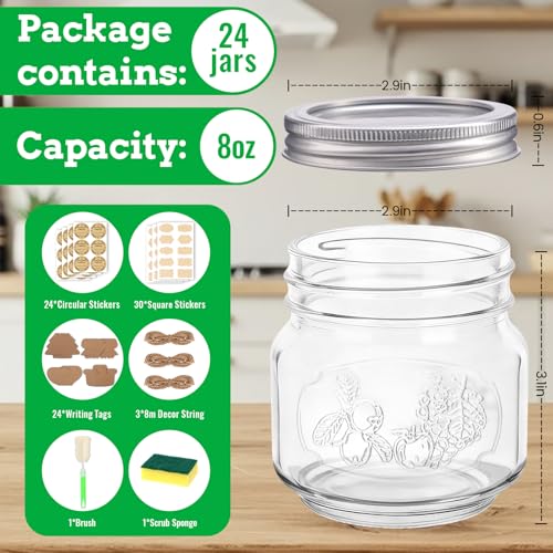BIGIVACA 24 Pack 8 oz Mason Jars with Lids, Half Pint Canning Jars with Embossed Fruit Pattern, Small Glass Jars for Storing, Pickling, Jam, Overnight Oats, Wedding & Party Favors, Candle Making and DIY Crafts - Image 2