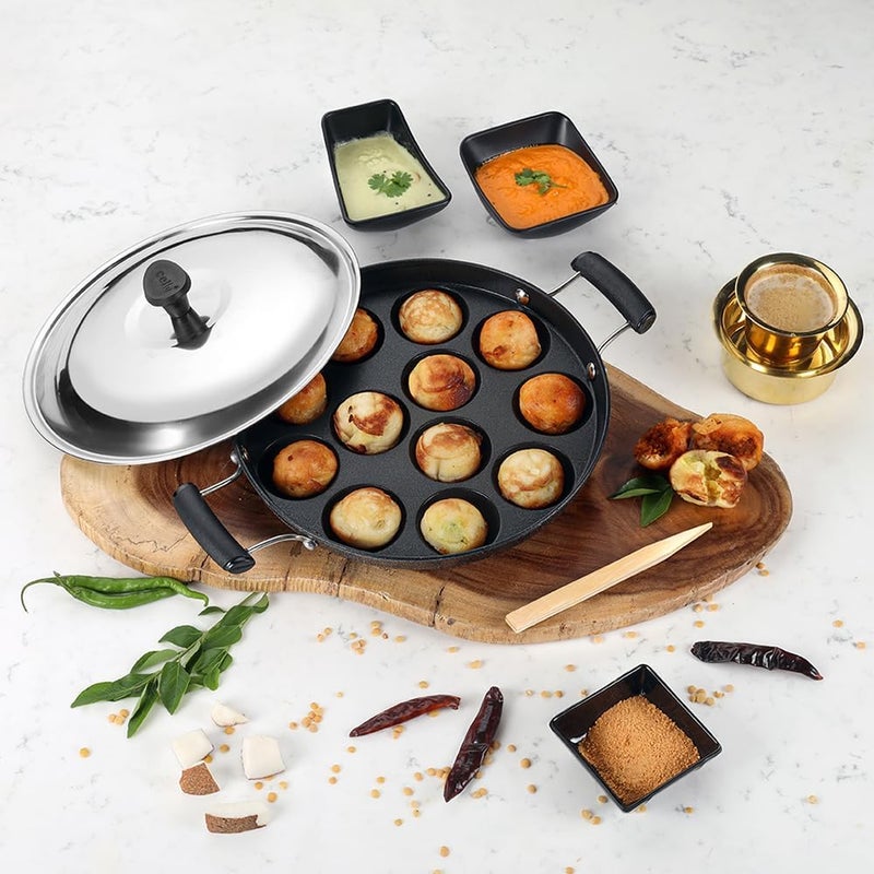 SANGOZ SANGOZ Non-Stick 12 Cavity Appam Patra Kan with Stainless Steel Lid | 2 Side Handle | Appam Maker | Appam Patra | Appam pan | Litti Maker | Appe Stand | Dishwasher Safe  - Image 2