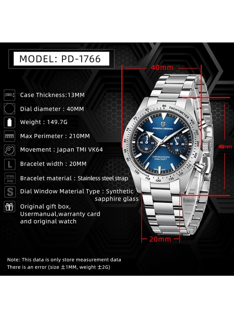 PAGANI DESIGN Men's Luxury Chronograph Quartz Watches, Stainless Steel 40MM Case, VK64 Quartz Movement, Sports Waterproof, Stainless Steel Strap, Dark Blue Dial Fashion Casual PD1766  - Image 5