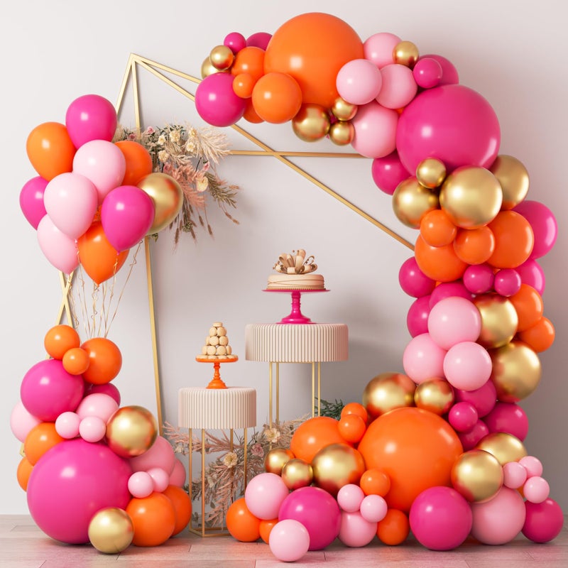COKAOBE Pink Orange Balloon Garland Arch Kit, 124pcs Hot Pink Orange Chrome Metallic Gold Latex Balloons for Birthday Wedding Baby Shower Tropical Party Supplies Summer Party Decorations - Image 1