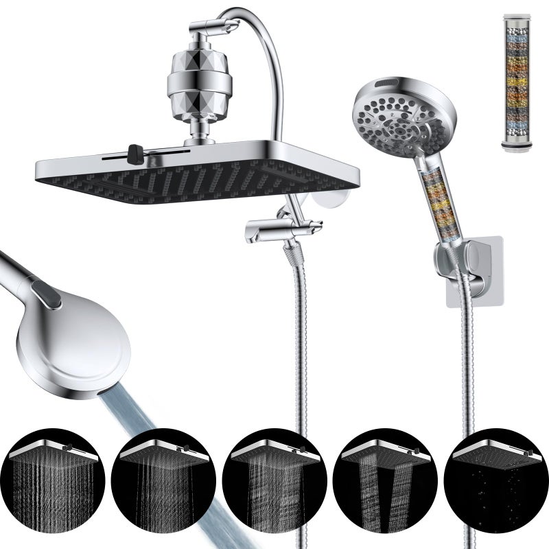 Hibbent Upgraded 5spray 13 Dual Filtered Rainfall Shower Head Combo High Pressure 10setting Handheld Shower Head with 12 Adjustable Extension Arm 20 Stage Shower Filter 71 Hose Chrome