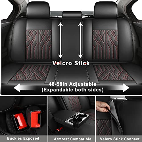 Huidasource Leather Back Row Seat Covers, Waterproof Rear Split Bench Car Seat Covers, Vehicle Seat Cushion Cover Protector Universal Fit for Most Cars Sedan SUV Pickup Truck(Back Row/Black&Red) - Image 3