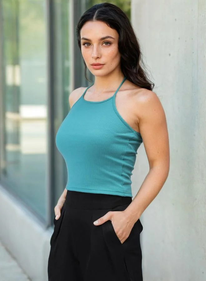 Freehand Sleeveless Ribbed Halter Neck Crop Top
