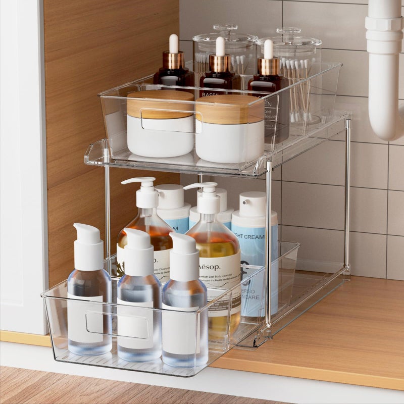 Fabspace PullOut Home Organizers 2 Tier Clear Bathroom Organizer with Dividers Multipurpose Vanity Counter Tray Kitchen Closet Organizers and Storage Container Bins for Cabinet Pantry