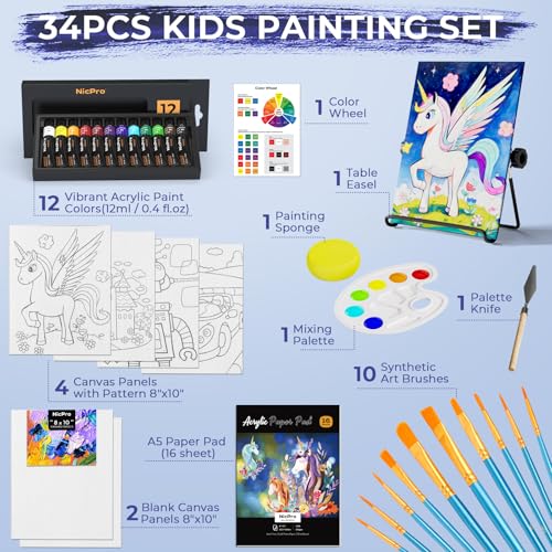 Nicpro 34PCS Kids Painting Set with Pattern Canvas, Art Painting Supplies Kit with 12 Acrylic Paints,10 Brushes,6 Canvas Panels,Table Easel,Paper Pad,Color Wheel,Palette for Beginner Student Toddlers - Image 2