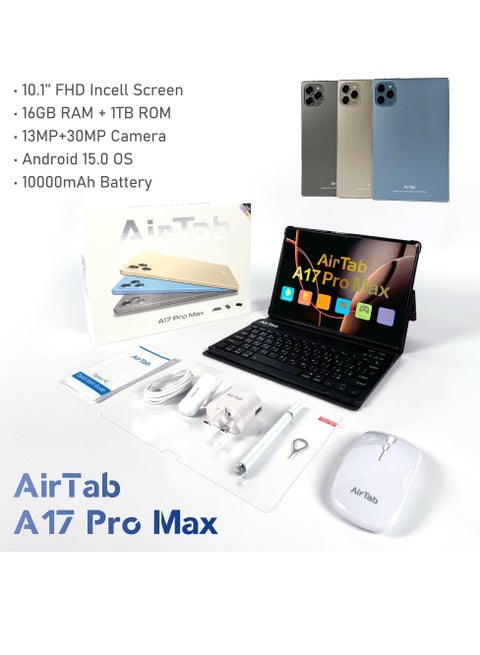 10.1-Inch Smart Tablet A17 PRO MAX Android 13 Tablet With 1TB Storage and 16GB RAM Quad Core Wi-Fi LTE Dual Sim with Touch Pen and Keyboard - BLUE