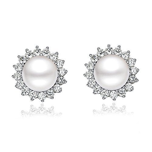KEETEEN Sunshine 925 Sterling Silver Pearl Earrings Stud AAA Zirconia 9mm Freshwater Pearl Jewelry for women (Earrings) - Image 1