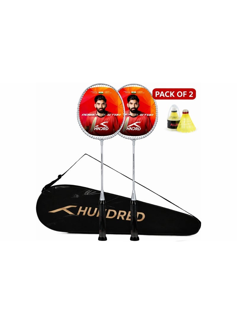 Hundred Powertek Star Badminton Racket Set – 2 Strung Rackets with Full Cover & 2 Nylon Shuttlecocks | Lightweight, Durable, Ideal for Beginners & Match Play - Image 2