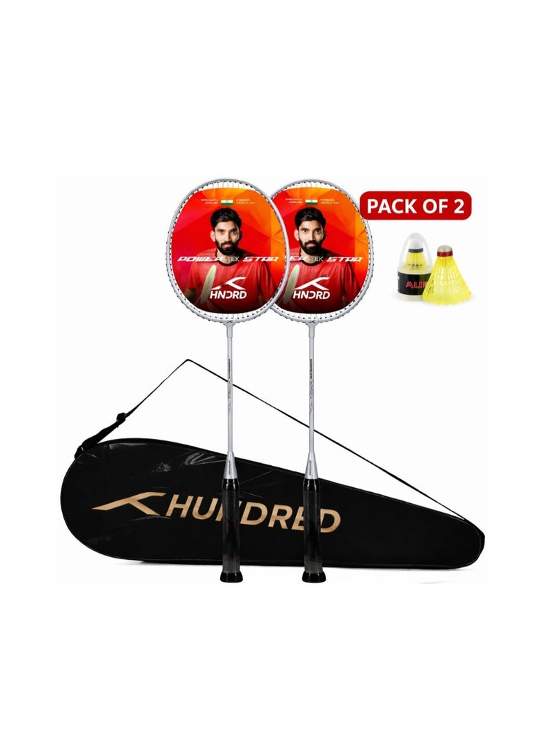 Hundred Powertek Star Badminton Racket Set – 2 Strung Rackets with Full Cover & 2 Nylon Shuttlecocks | Lightweight, Durable, Ideal for Beginners & Match Play - Image 1