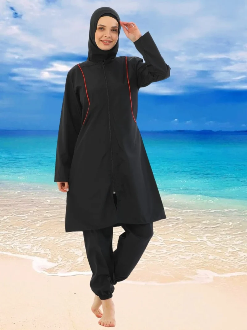 Tezzgelsin Women's Parachute Model Long Sleeve Zippered Wide Leg Hijab Swimsuit