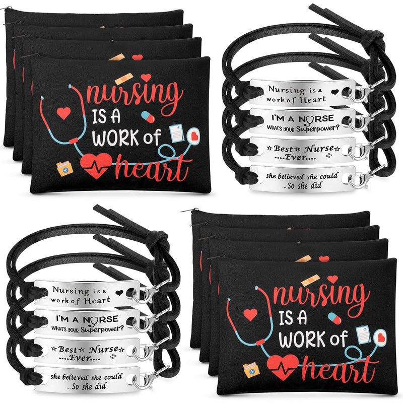 Henoyso Henoyso 16 Pc Nurse Appreciation Gift Set: 8 Makeup Cosmetic Bags & 8 Bracelets for Nurse Graduation & Day Gifts