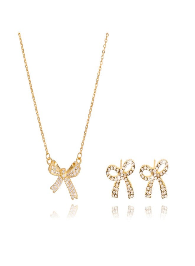 JAVARNV Bow Necklace Earrings Set for Women Gold Jewelry Set Rhinestone Pendant Necklace Gold Earrings Christmas Gifts for Stocking Stuffers - Image 1