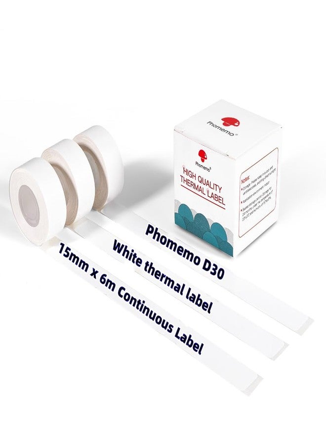 Memoqueen Phomemo D30 Labels-15mm x 6m Continuous Label Maker Tape, Sticker Thermal Paper Self-Adhesive Label Tape for Phomemo D30 Label Printer, White,3 Rolls - Image 1