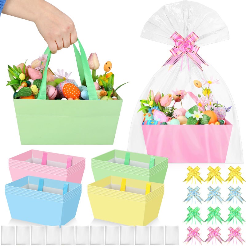 Funnymoom 24 Pcs Easter Basket for Gifts Empty Pink Blue Green Yellow Gift Basket Empty to Fill with Handle, Transparent Bag and Bow for Spring Easter Wedding Party Favor Supplies, 9.8 x 6.5 x 4.3'' - Image 1